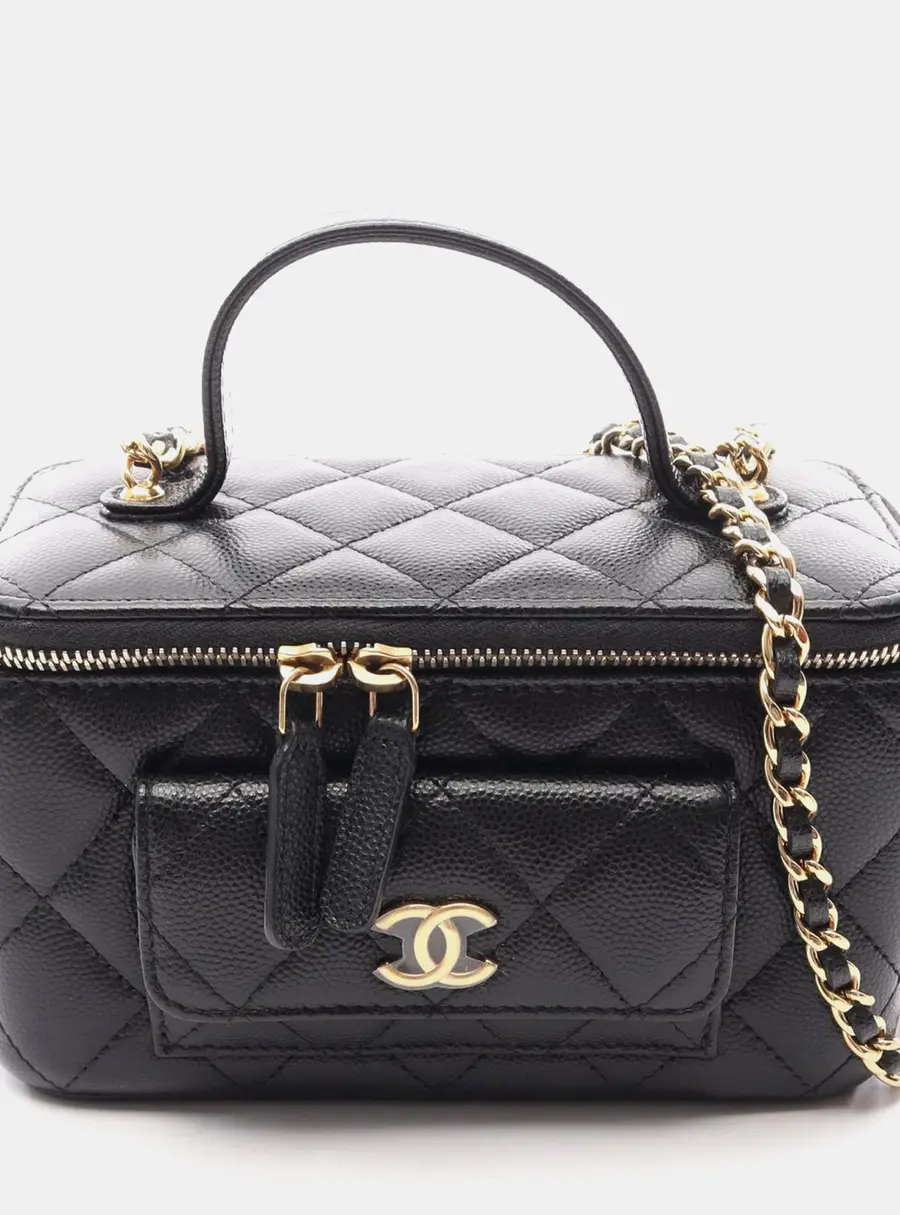 Chanel Polly Pocket Multi Pocket Black Caviar Leather Top Handle Bag