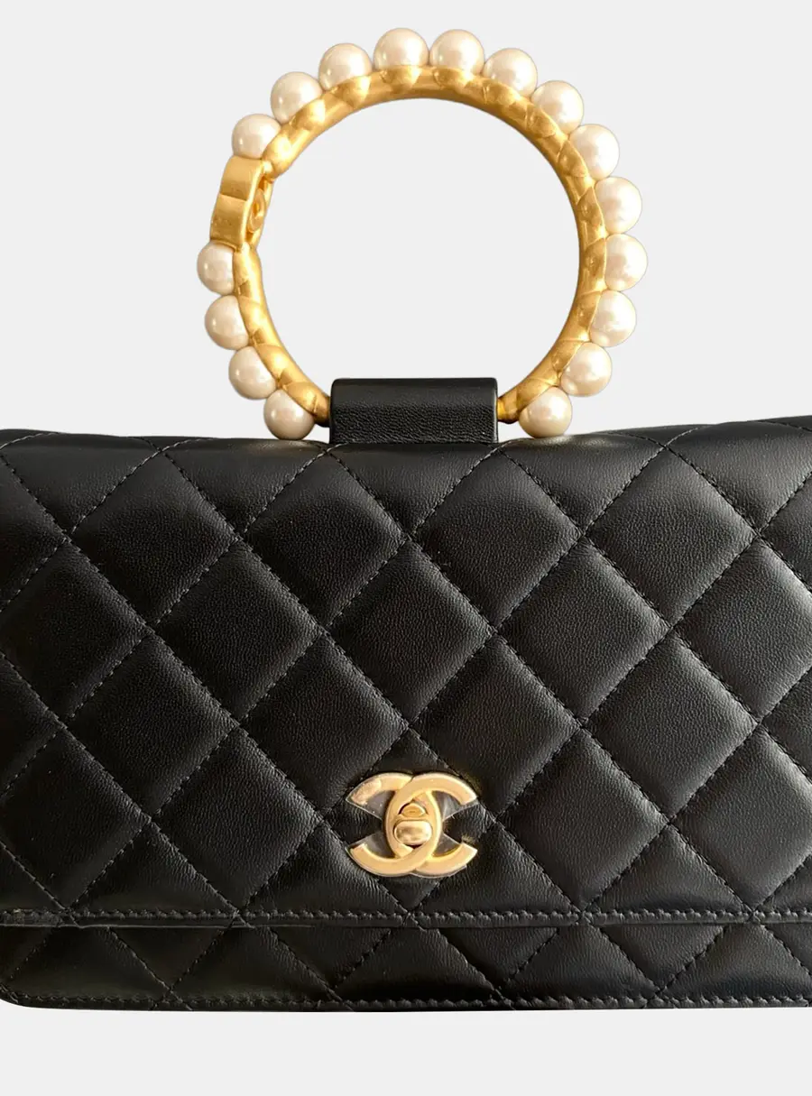 Chanel Wallet on Chain Black Lambskin Leather Pearl Top Handle Bag
