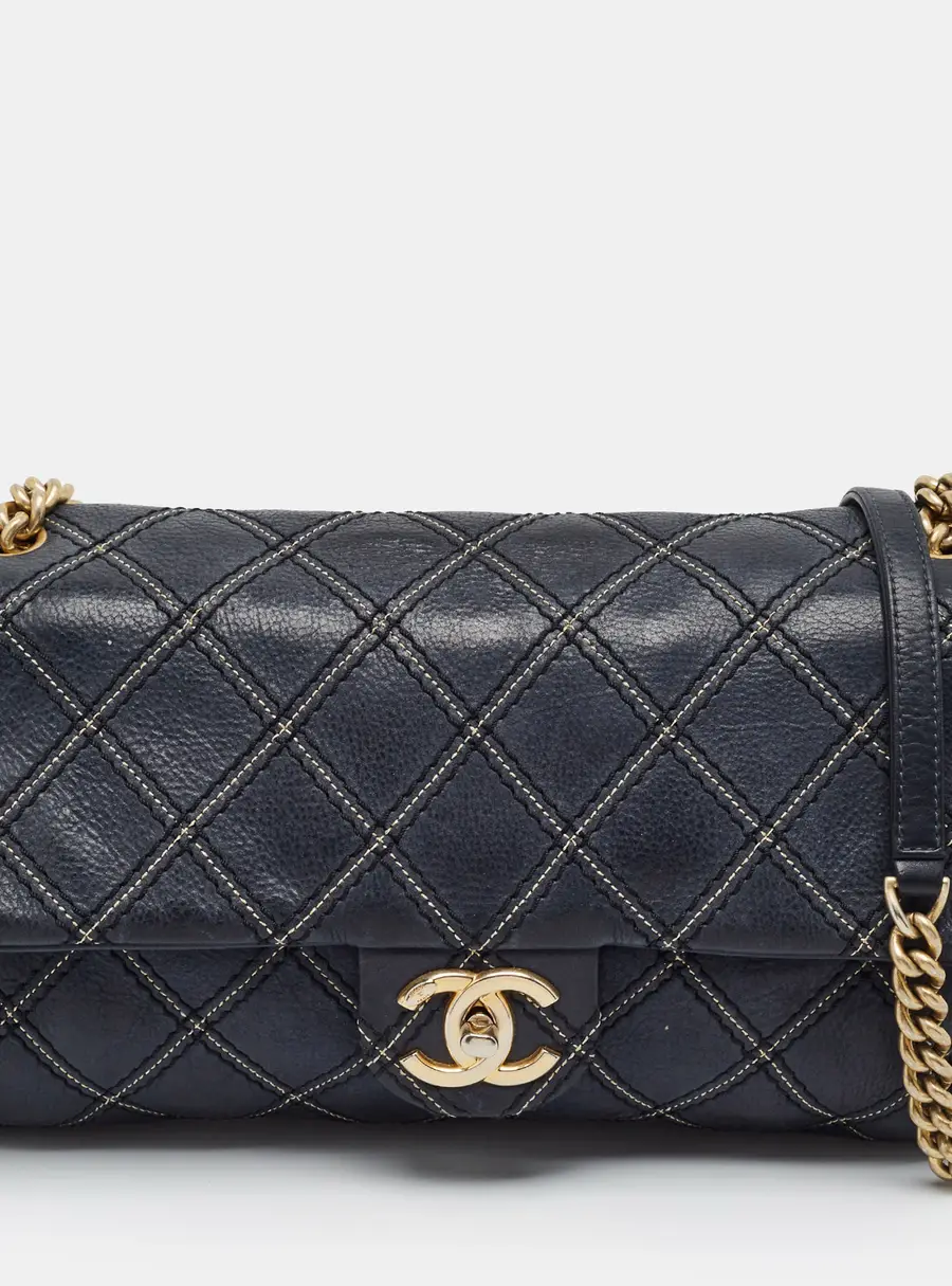 Chanel Navy Blue Quilted Surpique Leather Flap Bag