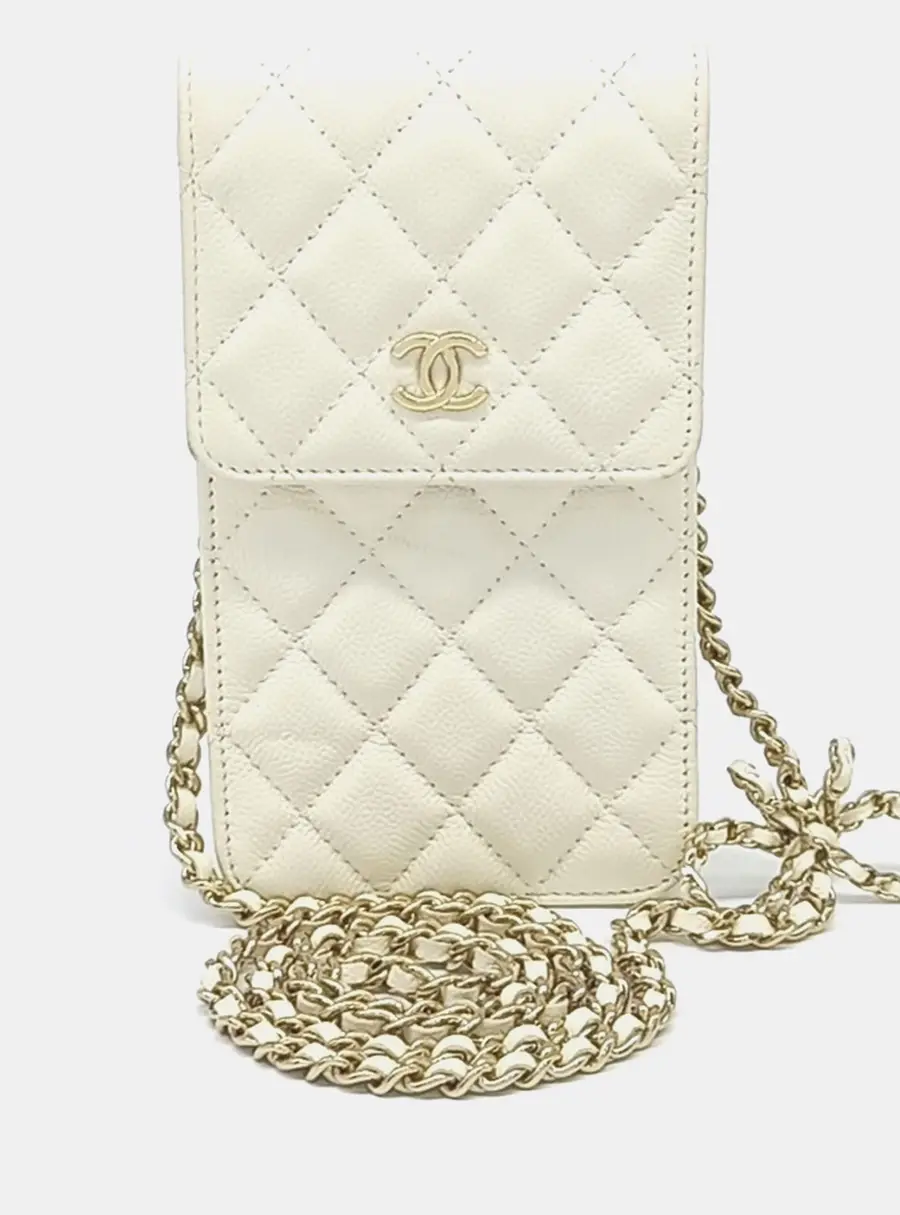 Chanel White Leather Caviar Phone Holder and Crossbody Bag