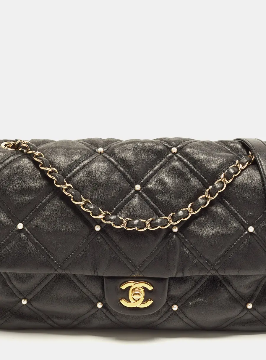 Chanel Pearl Embellished CC Single Flap Jumbo Black Quilted Leather Bag