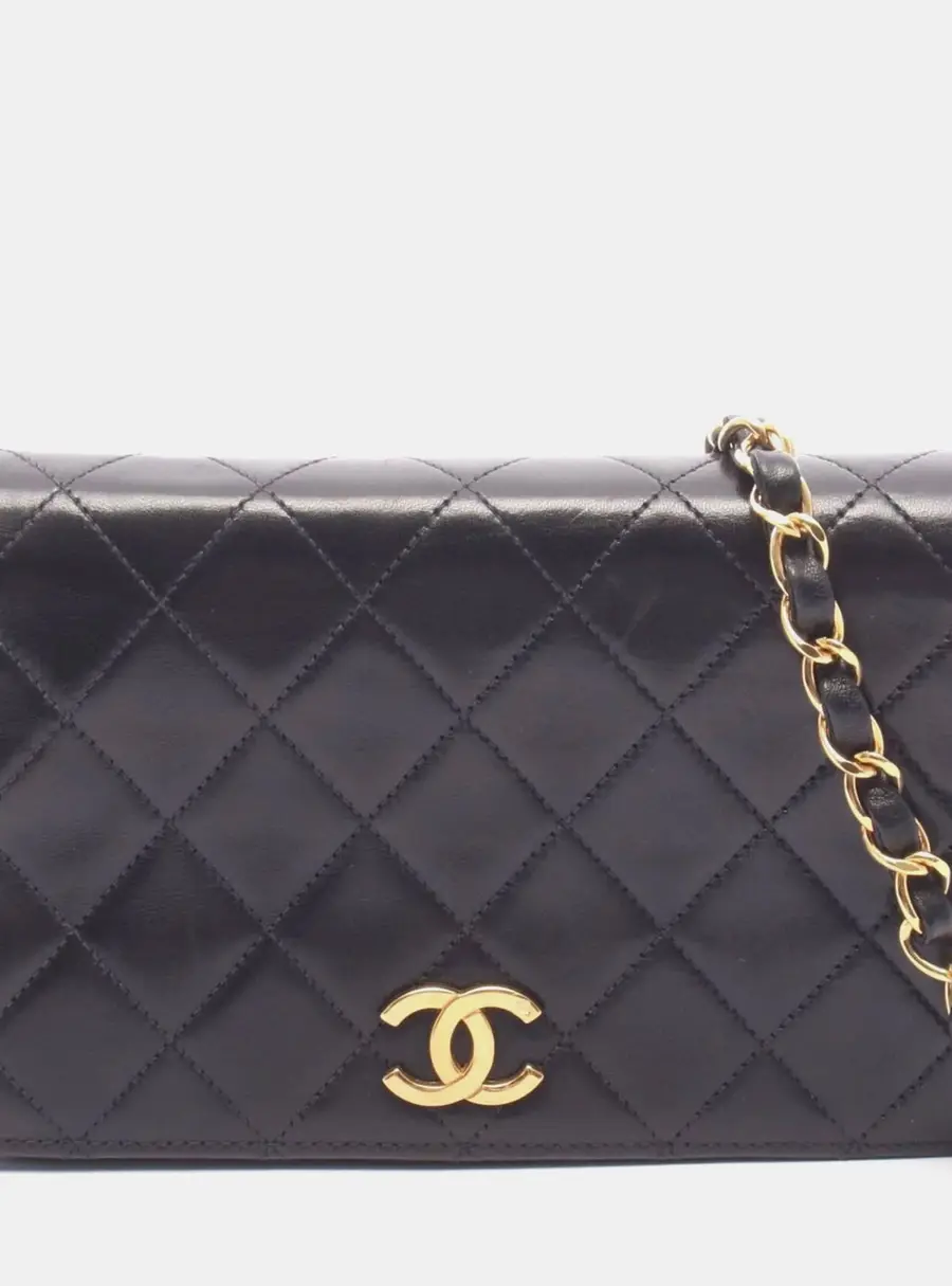 Chanel Vintage Full Flap Mini Black Lambskin Leather Chain Shoulder Bag