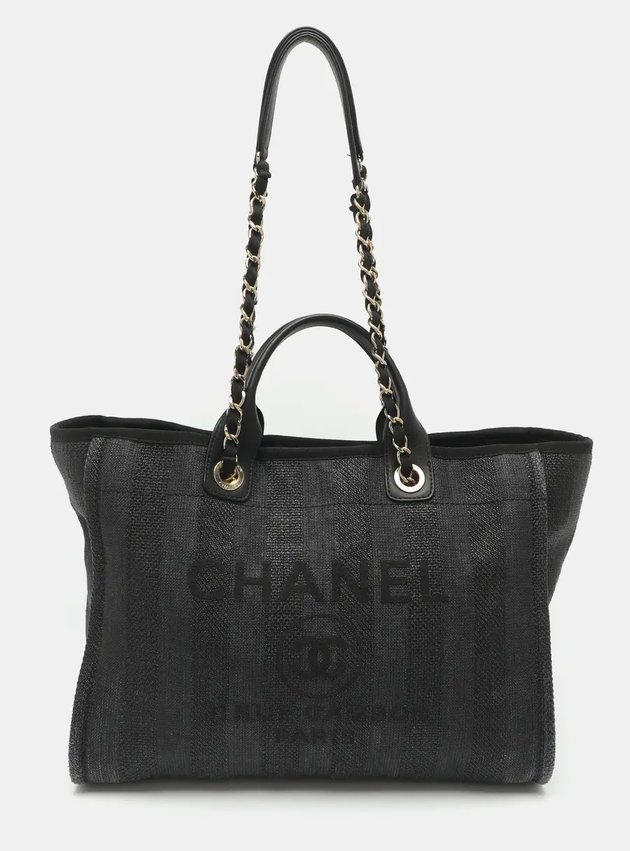 Chanel Deauville Large Black Leather and Woven Straw Tote