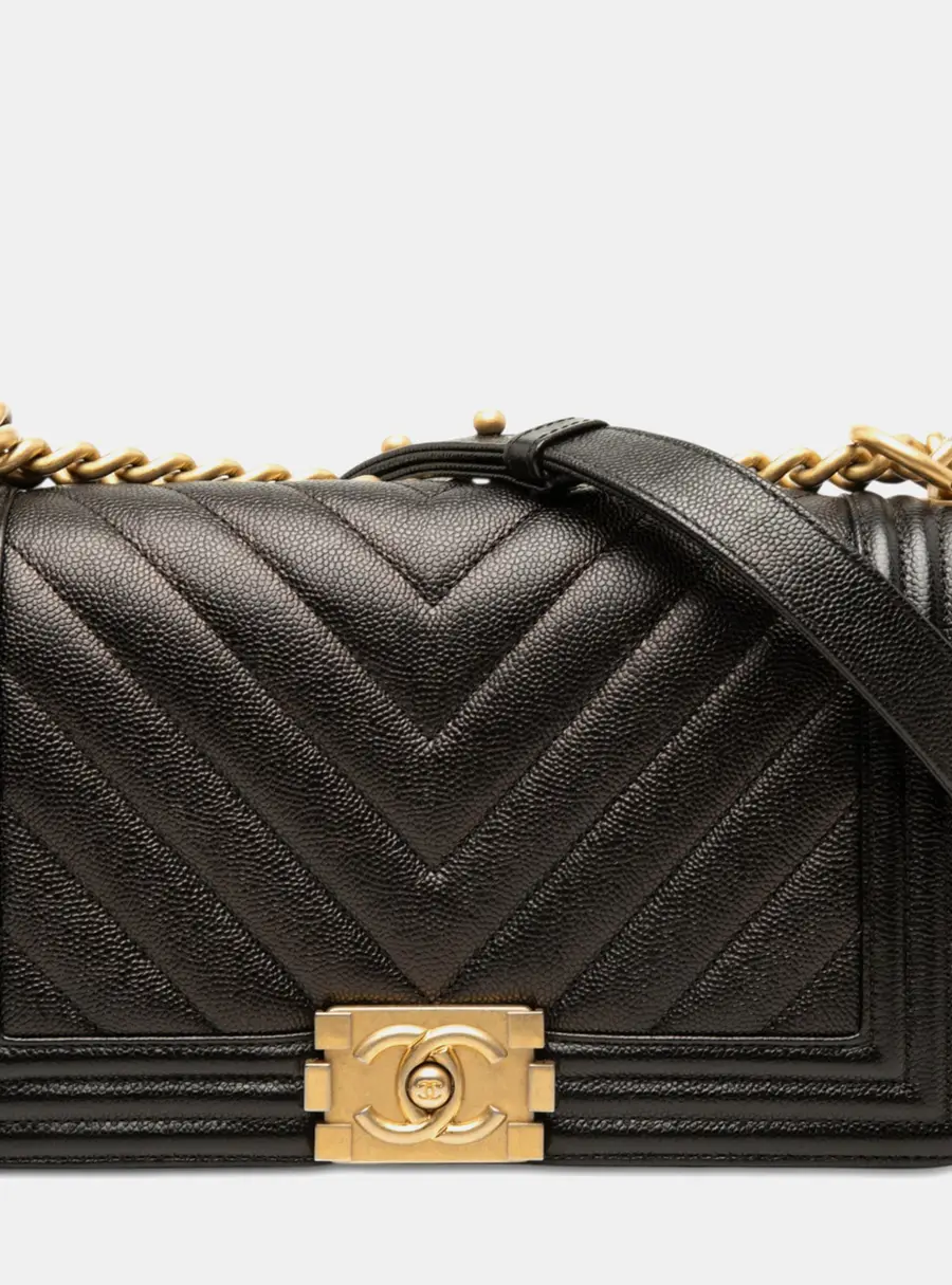 Chanel Boy Old Medium Black Chevron Caviar Grained Calfskin Leather Flap Bag