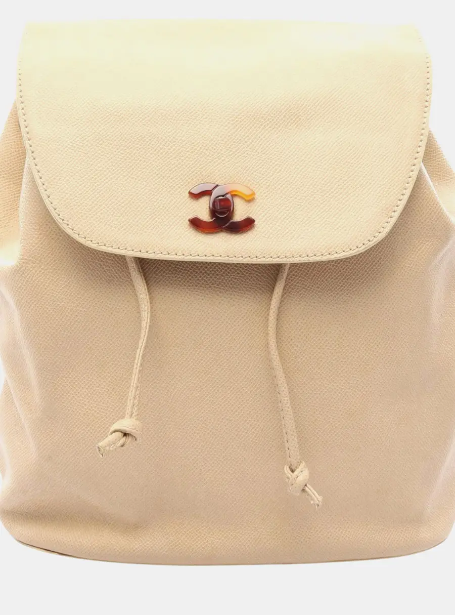 Chanel Beige Chanel Triple Coco Mark Grained Calfskin Leather Backpack Bag