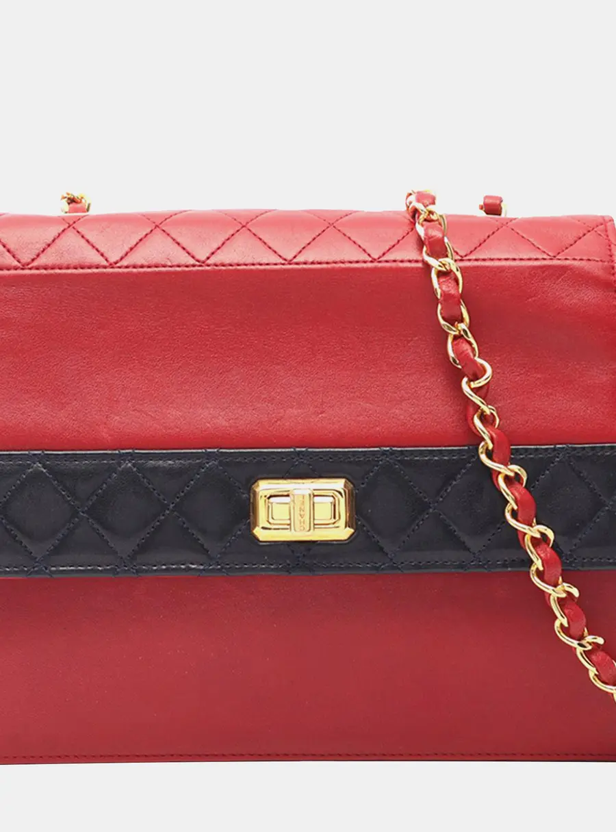 Chanel Red Chanel Mademoiselle Turnlock Trapezoid Flap Medium Black Lambskin Leather Shoulder Bag