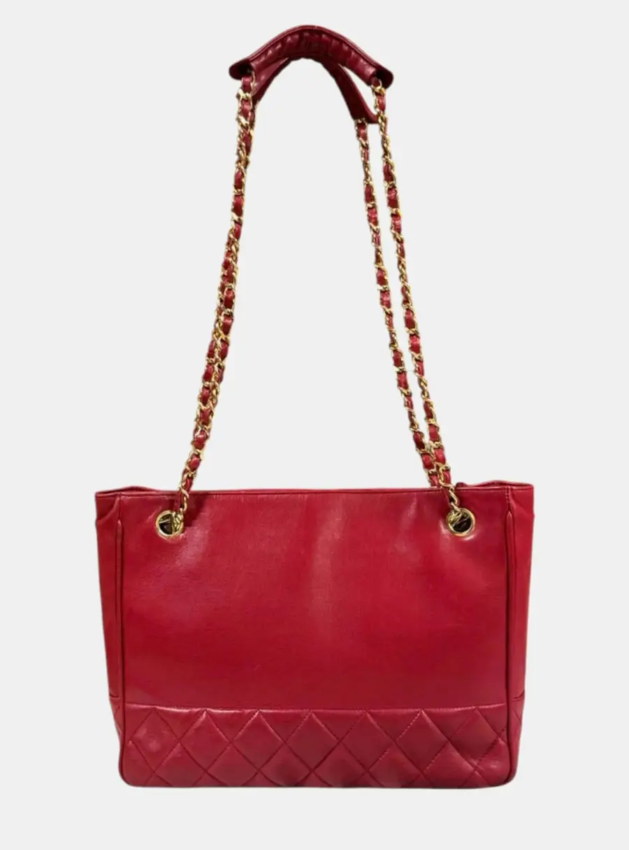 Chanel Vintage Quilted Base Double Chain Red Lambskin Leather Shoulder Bag
