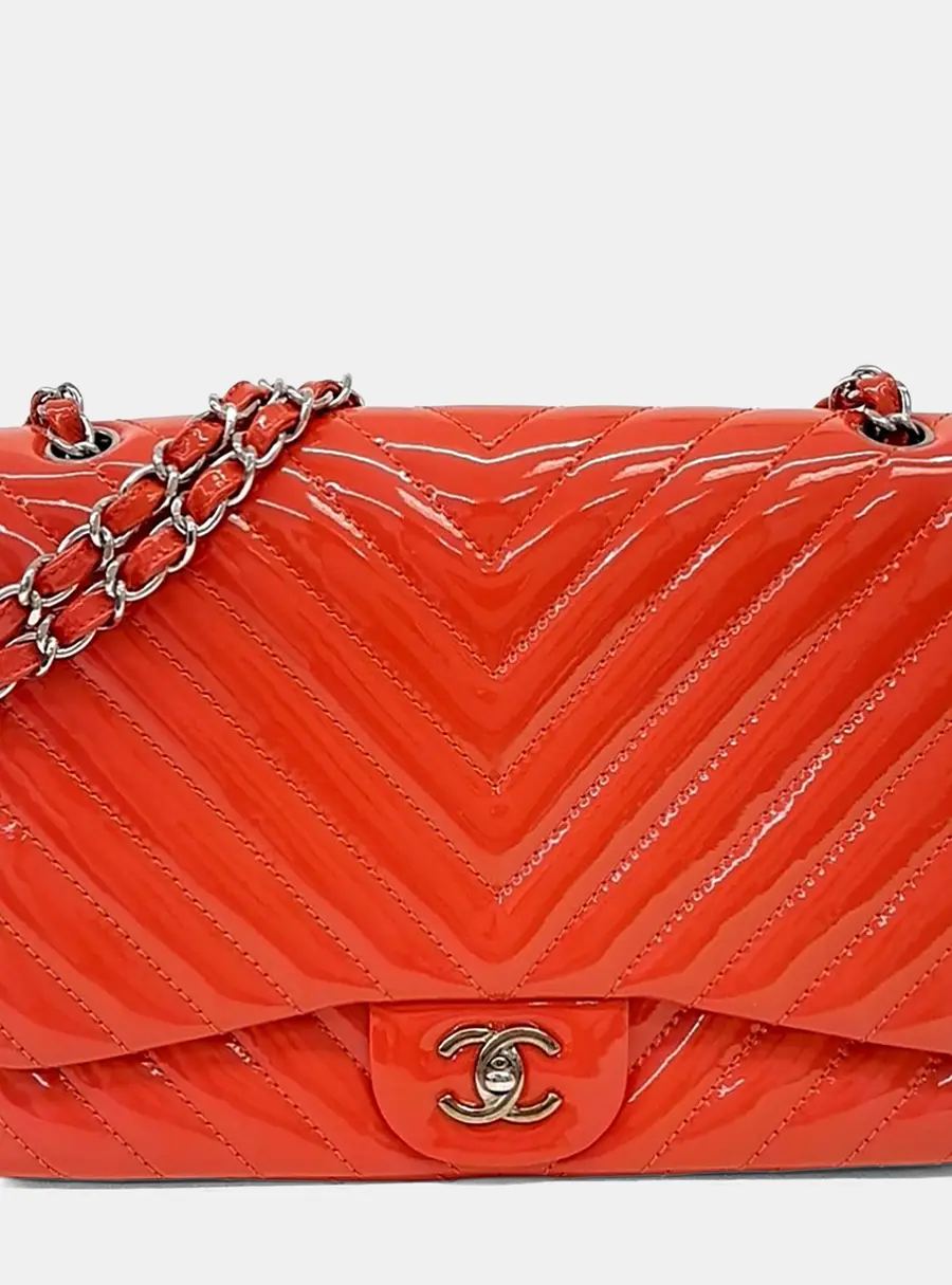 Chanel Orange Leather Patent Chevron Classic Jumbo