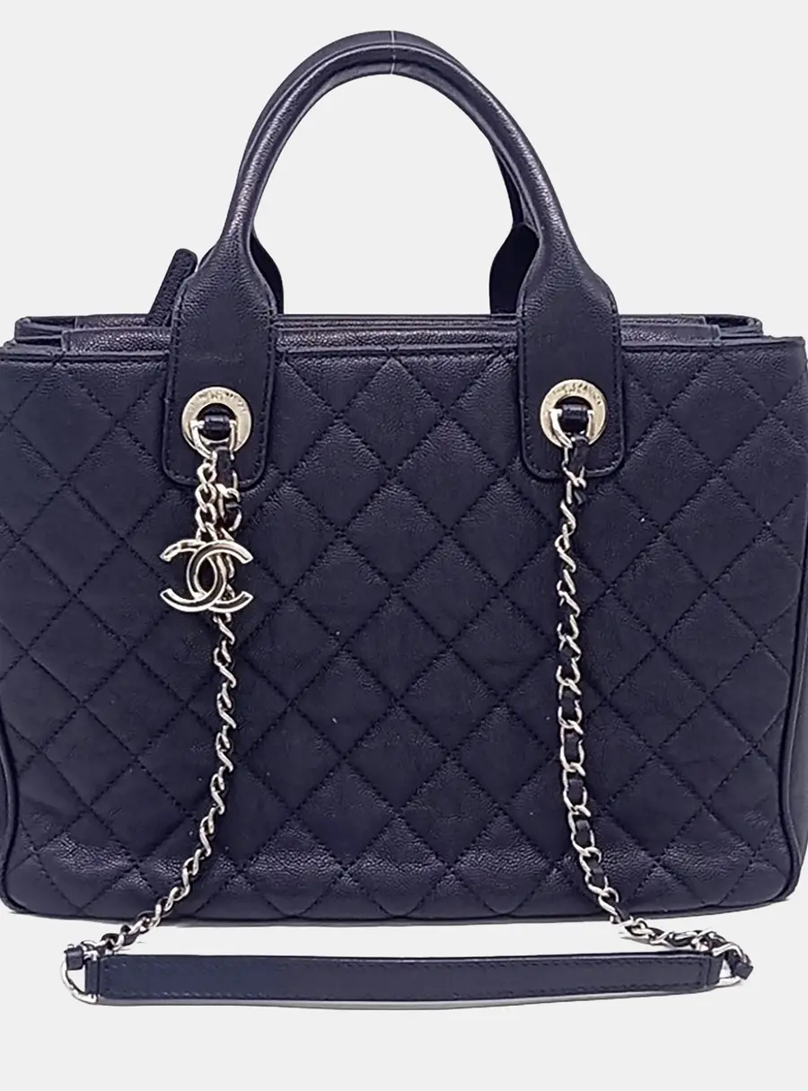 Chanel Navy Blue Leather Chain Tote and Shoulder Bag A57050