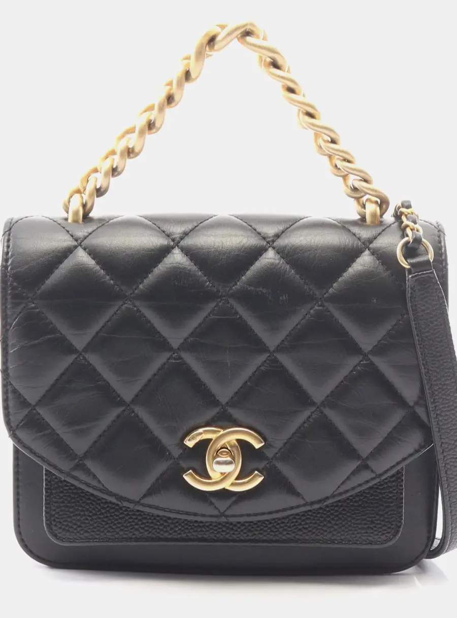 Chanel Chain Quilted Grained Calfskin Mini Black Flap Top Handle Bag