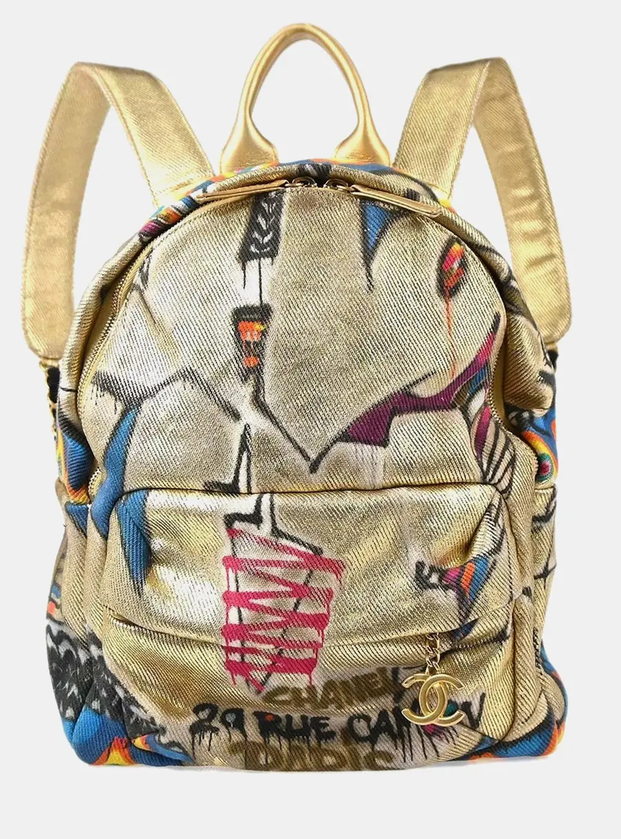 Chanel Graffiti Street Spirit Gold Printed Canvas Backpack Bag