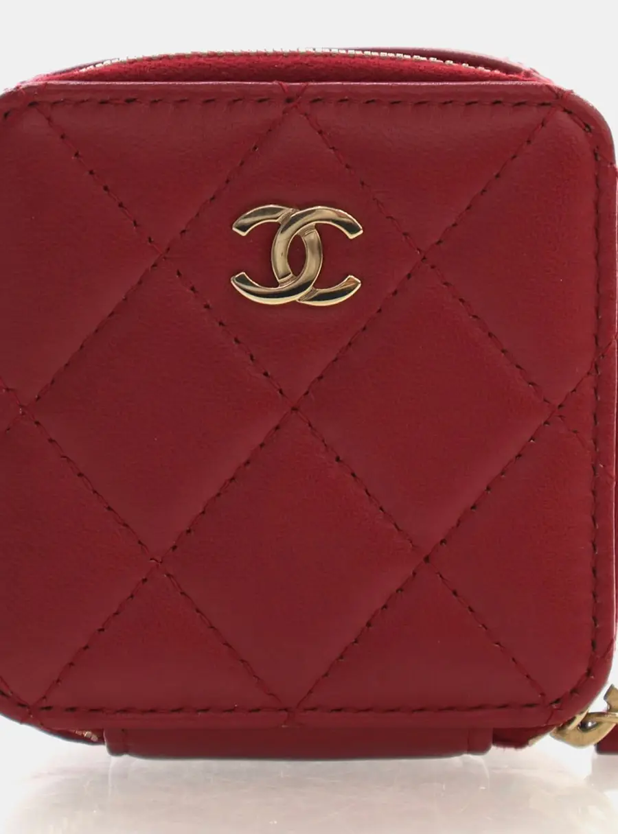 Chanel Classic Quilted Mini Red Lambskin Leather Vanity Case Bag