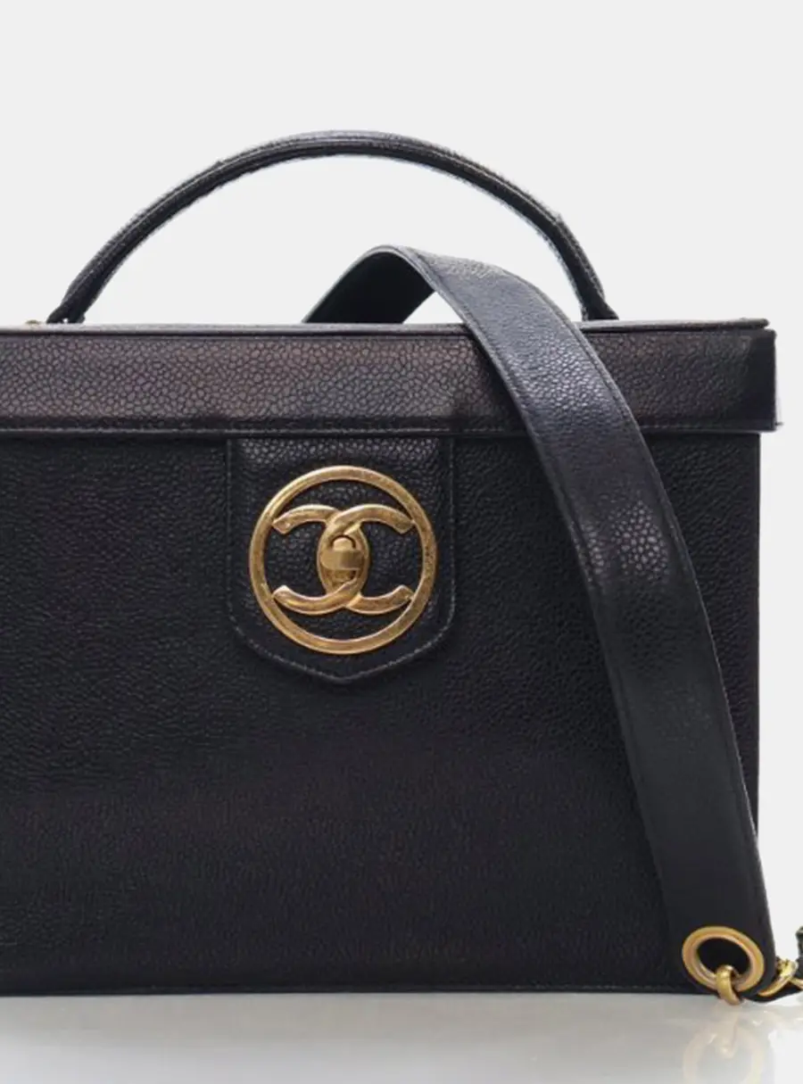 Chanel Vintage Encircled Coco Mark Large Black Caviar Skin Grained Calfskin Leather 2Way Box Vanity Case Bag