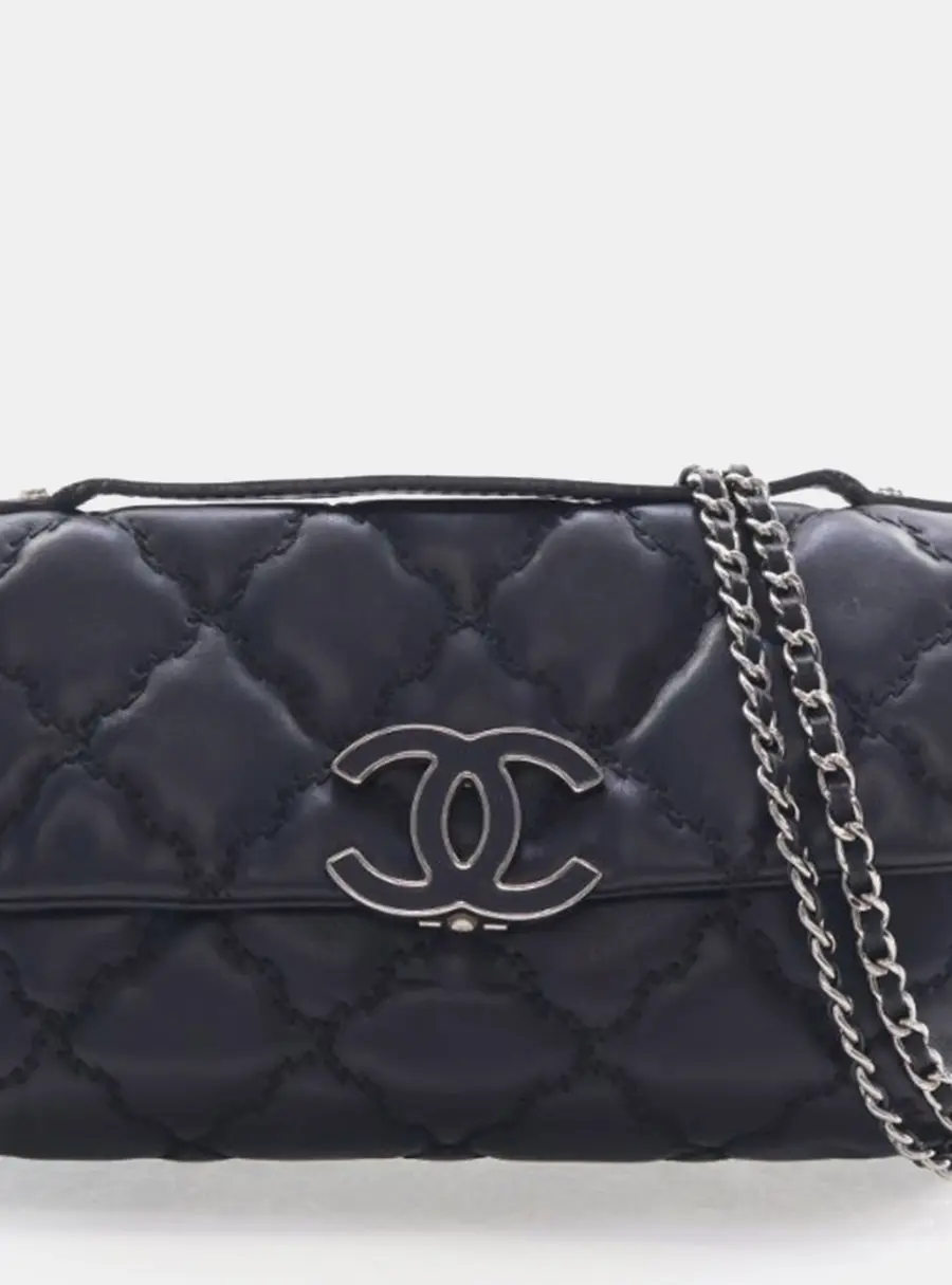 Chanel Double Stitch Hamptons Flap Mini Black Lambskin Leather Shoulder Bag