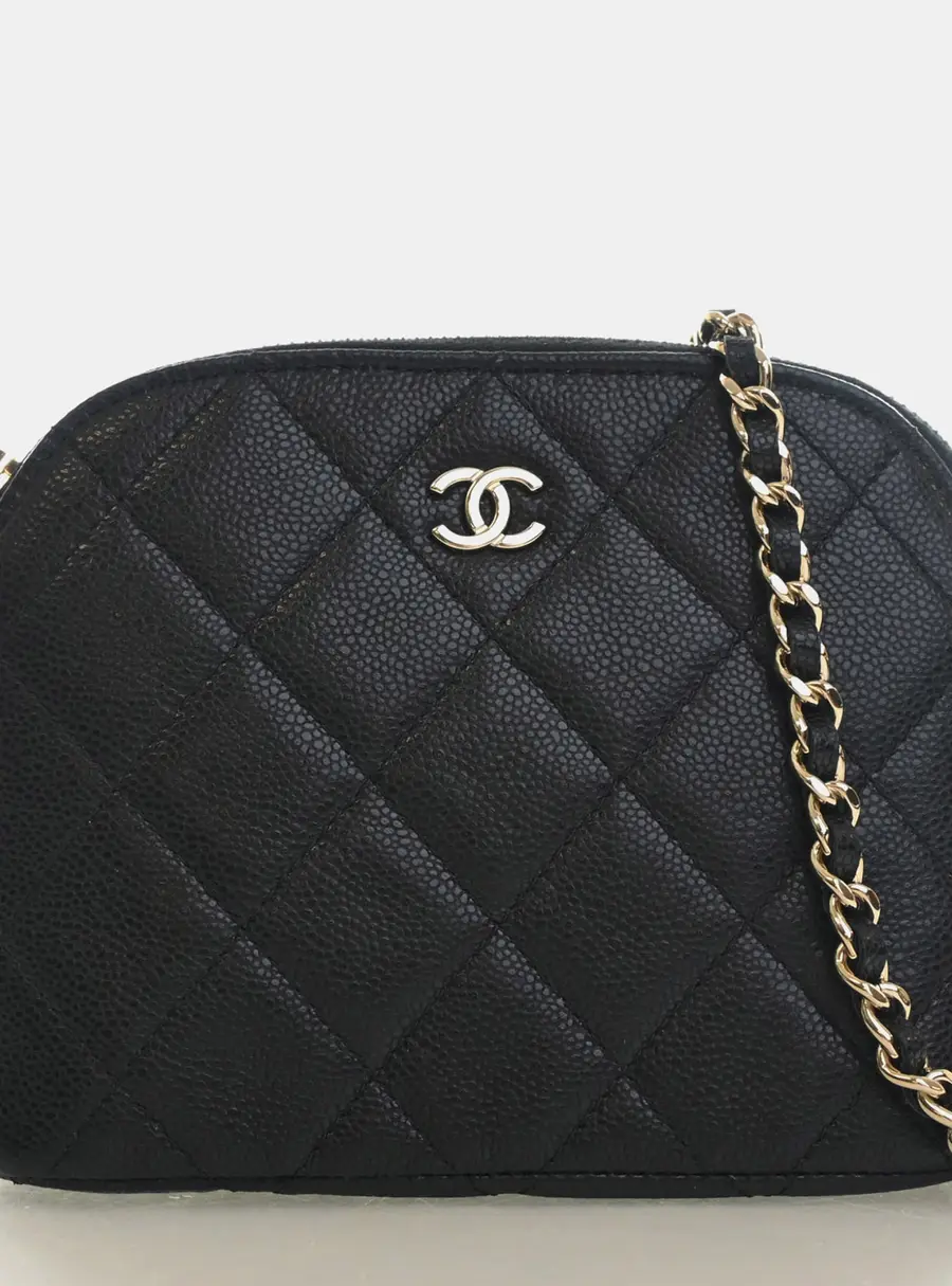 Chanel Mini Black Caviar Classic Cluth With Chain