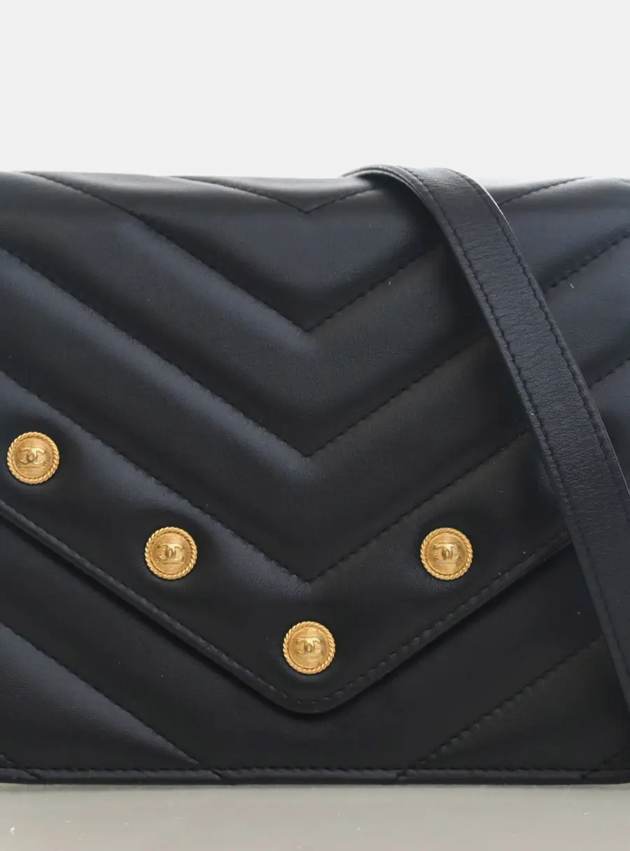 Chanel Chevron CC Button Black Lambskin Wallet On Chain Bag