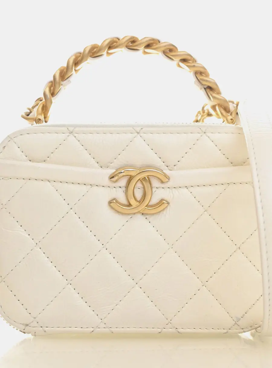 Chanel Mini Calfskin Vanity Top Handle White Grained Calfskin Leather Shoulder Bag