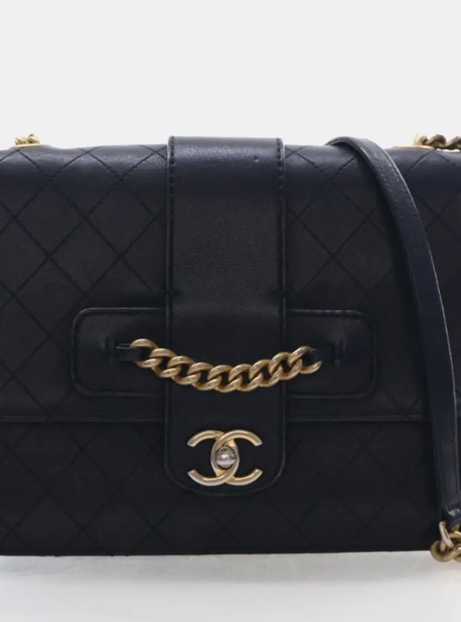 Chanel Quilted Front Chain Flap Crossbody Black Calfskin Leather Bag
