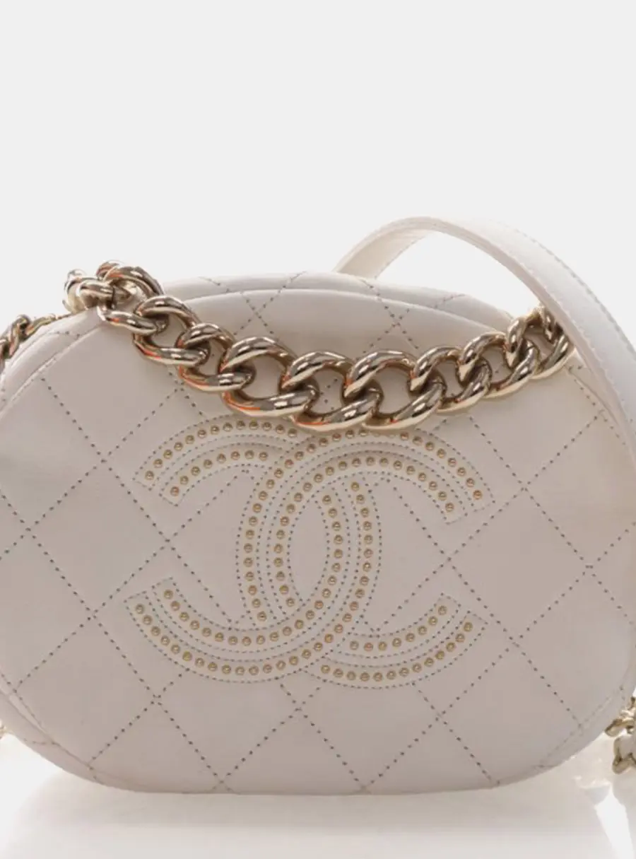 Chanel CC Studded Quilted Small White Lambskin Round Camera Case Crossbody Bag