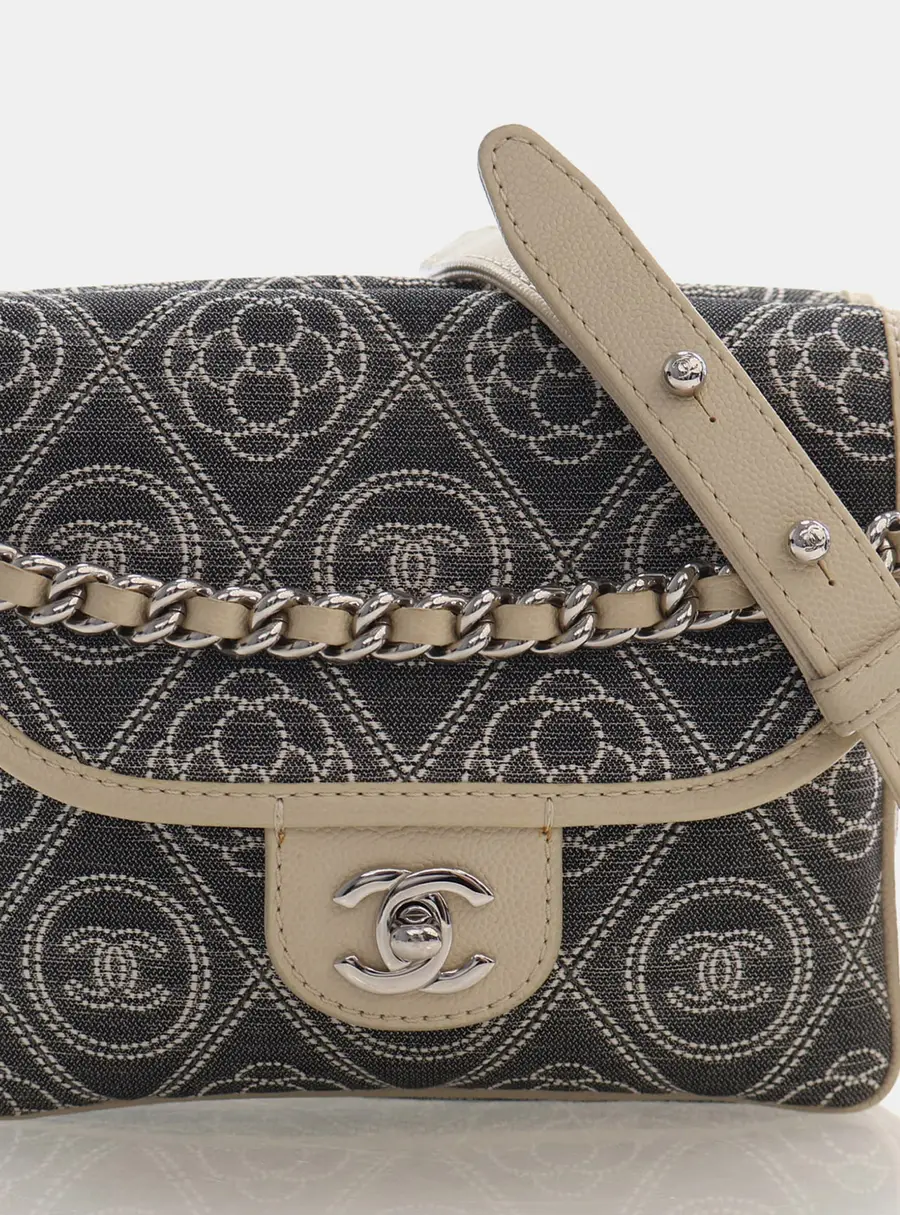 Chanel Camellia Double Side Flap Small Grey Canvas Shoulder Bag