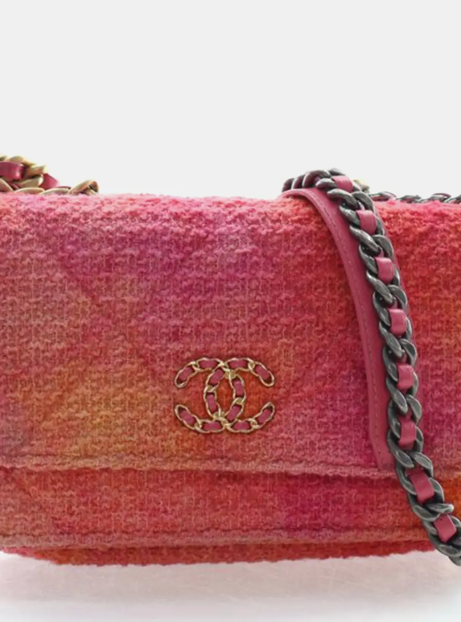 Chanel 19 Wallet On Chain Coral Pink Tweed Lambskin Shoulder Bag