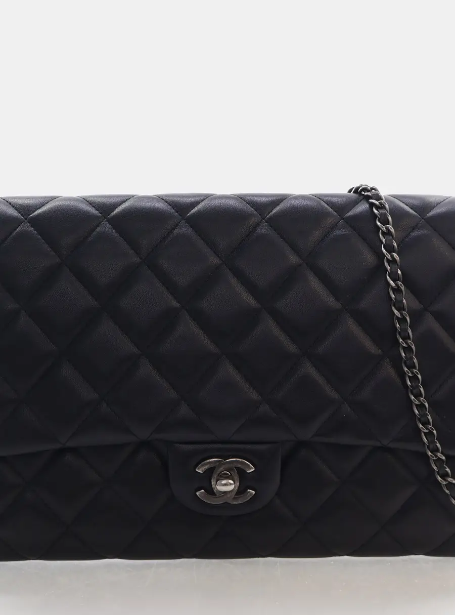 Chanel Classic Large Black Quilted Lambskin Leather Clutch Bag