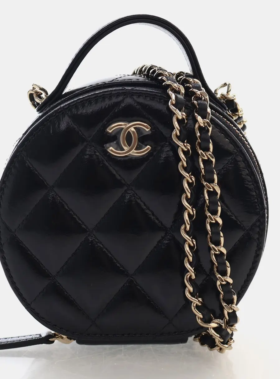 Chanel Handle With Care Round Small Black Patent Leather Vanity Case Crossbody Bag