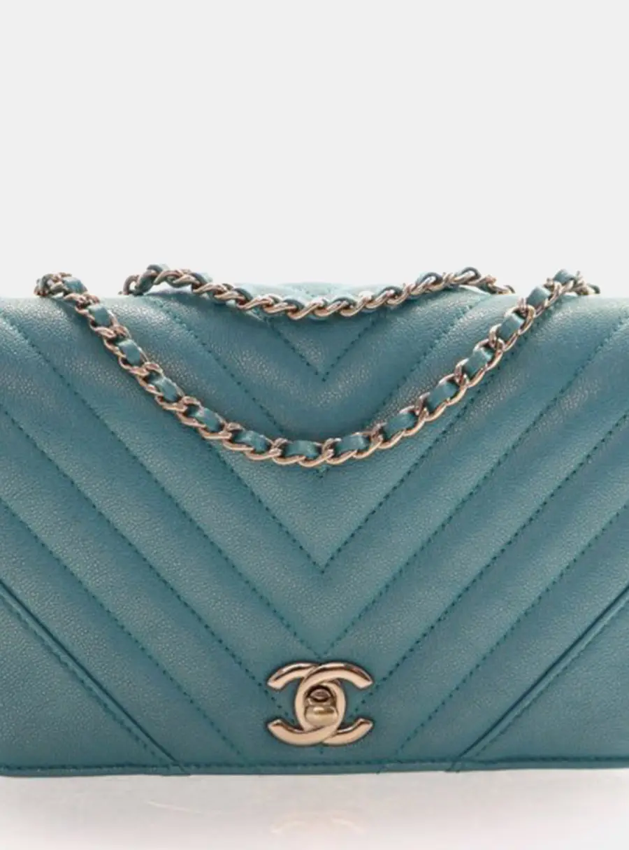 Chanel Chevron Statement Flap Mini Blue Caviar Leather Shoulder Bag