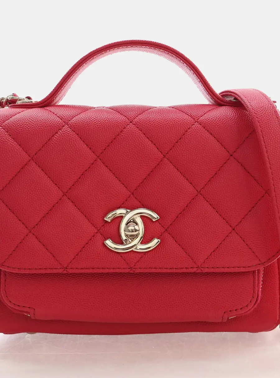 Chanel Small Business Affinity Red Caviar Grained Calfskin Leather Top Handle Bag