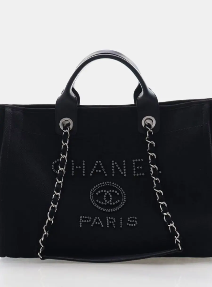 Chanel Pearl Deauville Small Black Canvas Tote Bag
