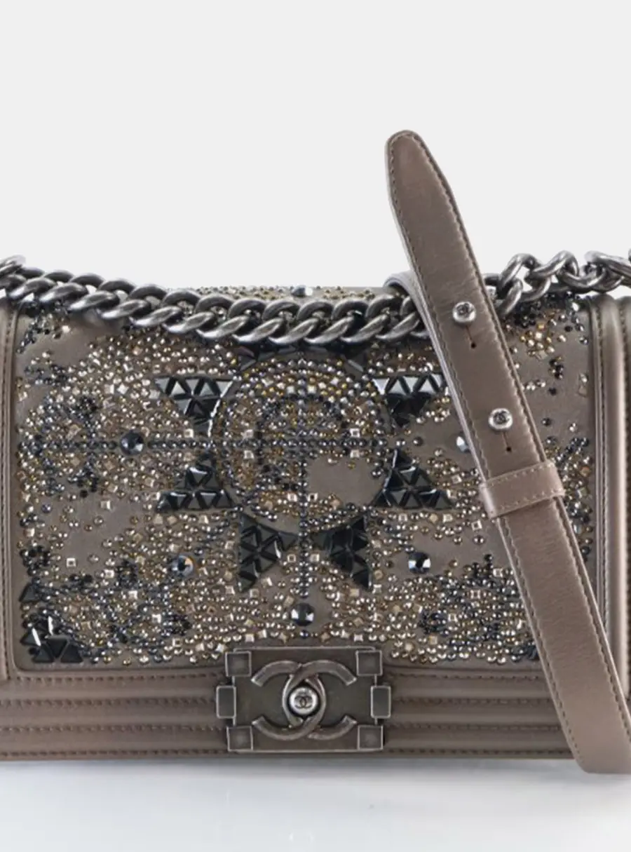 Chanel Boy Medium Taupe Goatskin Strass Shoulder Bag