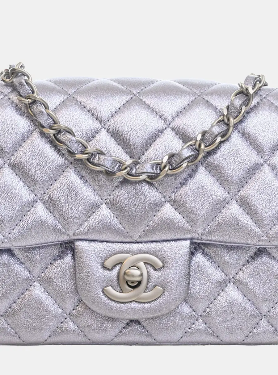 Chanel Classic Mini Square Purple Iridescent Lambskin Leather Flap Bag