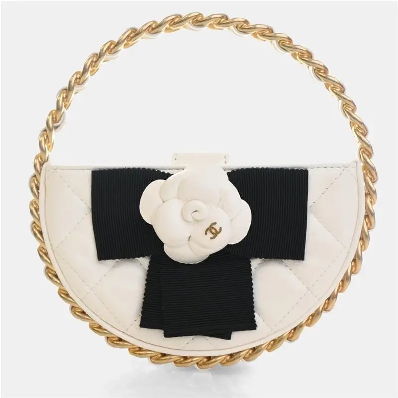 Chanel Round Camellia Clutch Hula Hoop Mini White Lambskin Leather Clutch Bag