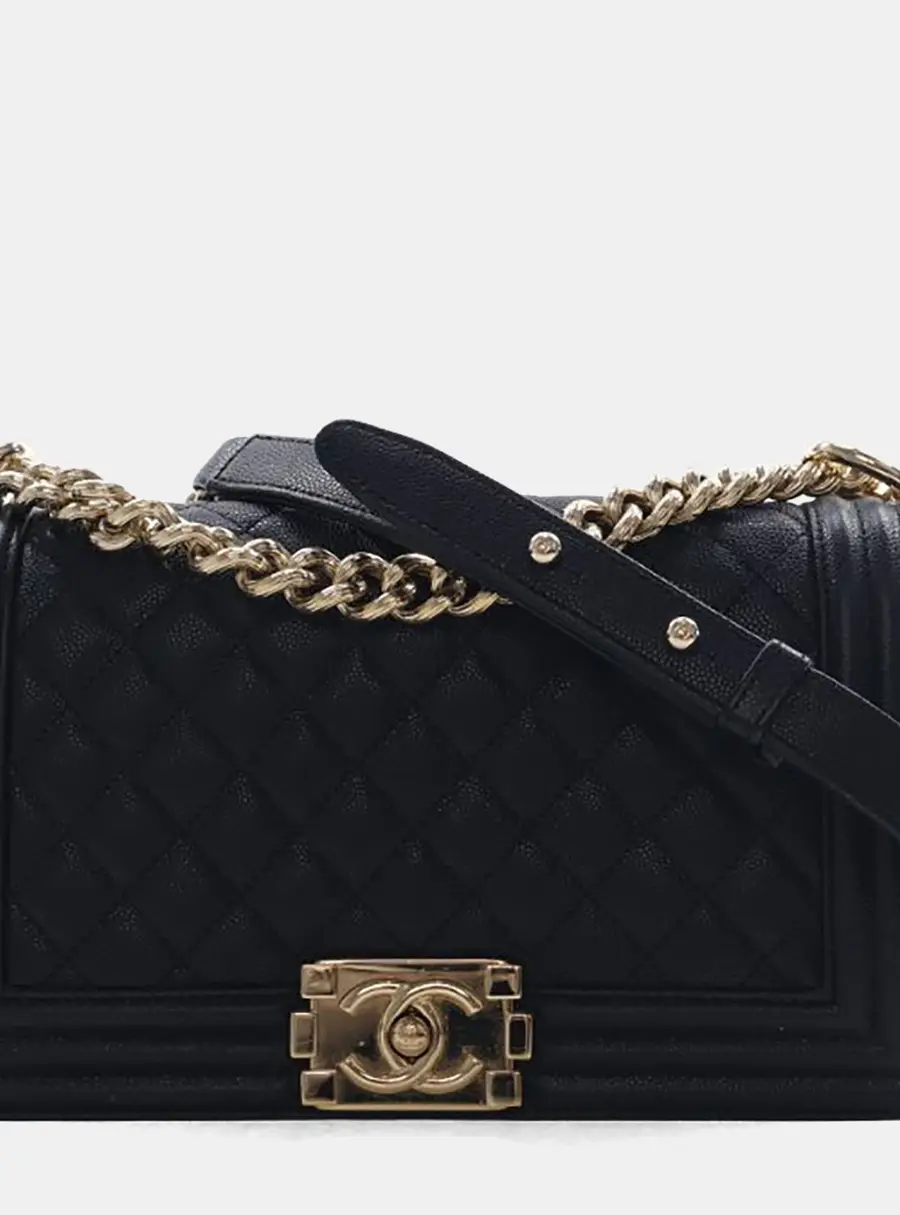 Chanel Boy Old Medium Black Grained Calfskin Leather Flap Bag