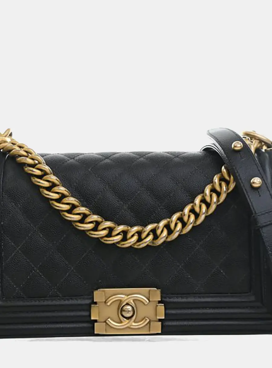 Chanel Boy Medium Black Caviar Grained Calfskin Leather Shoulder Bag