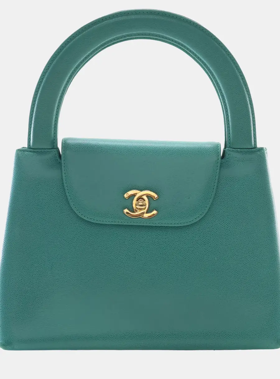 Chanel Vintage Kelly Mini Green Caviar Leather Top Handle Bag
