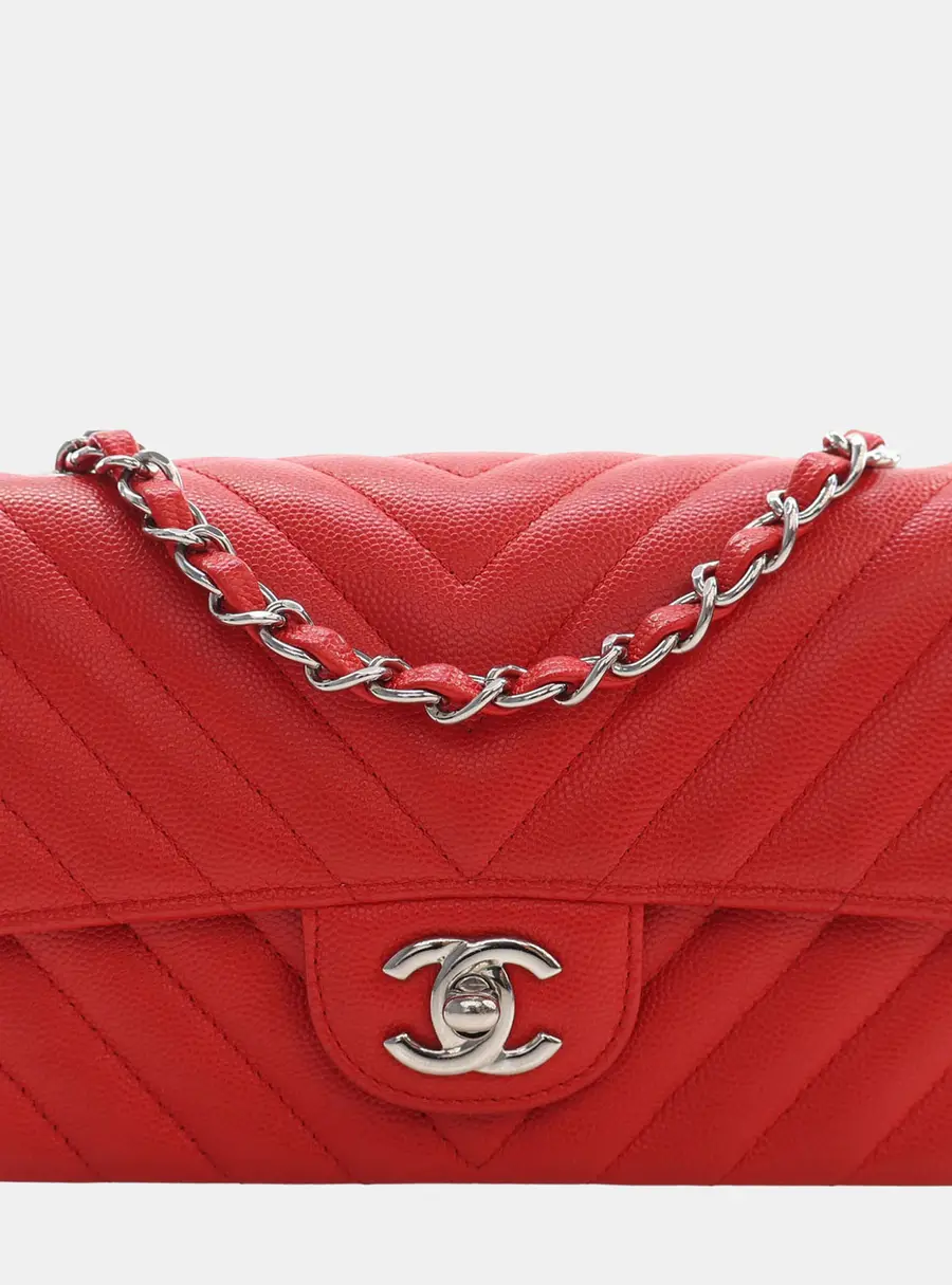 Chanel Chevron Mini Rectangular Red Caviar Single Flap Bag
