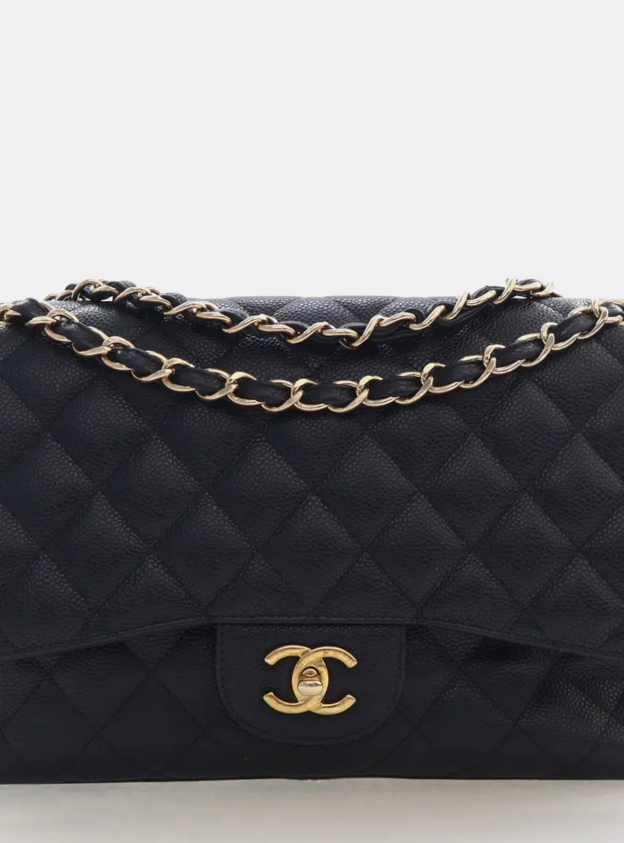 Chanel Classic Jumbo Black Grained Calfskin Leather Double Flap Shoulder Bag