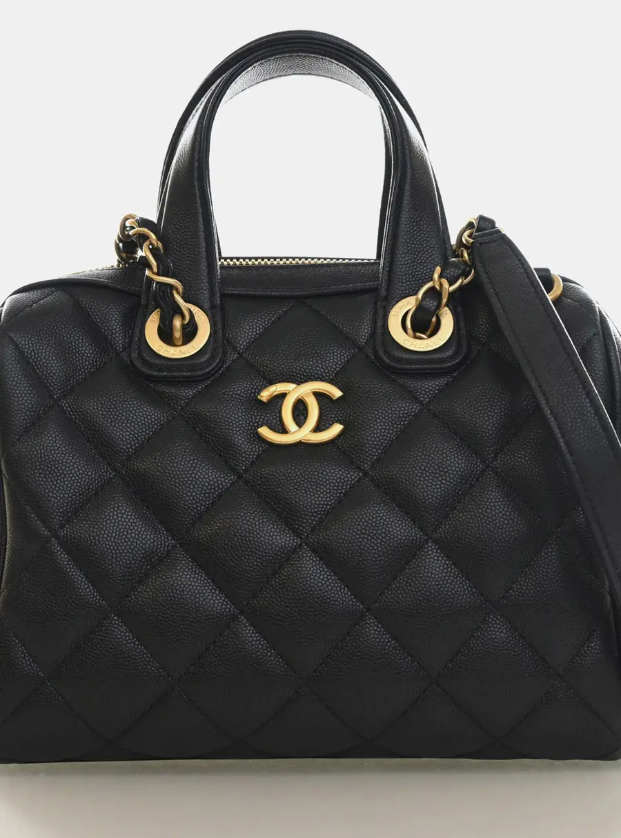 Chanel Small Caviar Bowling Black Caviar Leather Top Handle Bag