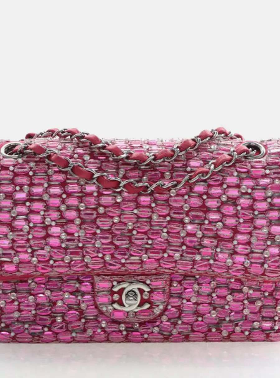 Chanel Classic Double Flap Medium Pink Satin Pearl Beaded Shoulder Bag