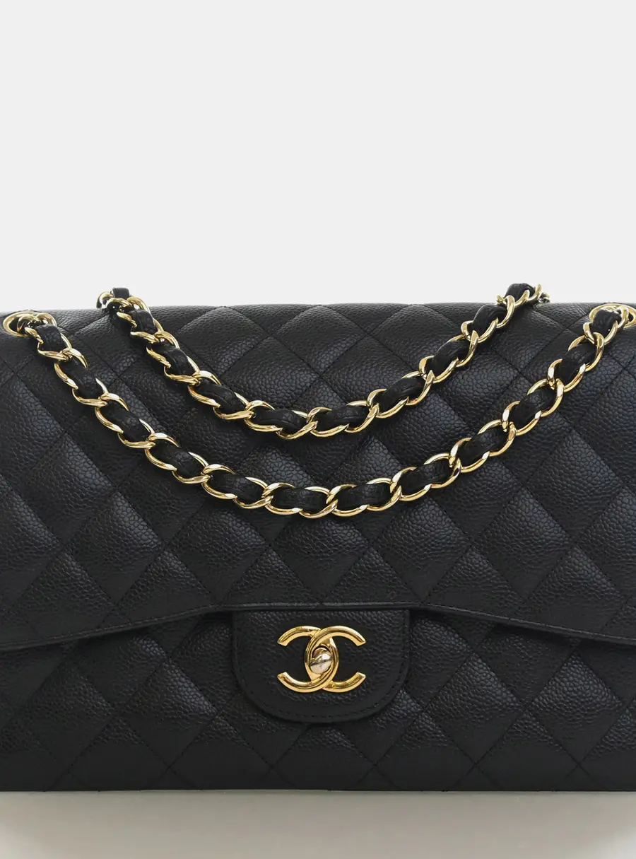 Chanel Classic Double Flap Jumbo Black Quilted Caviar Grained Calfskin Leather Shoulder Bag