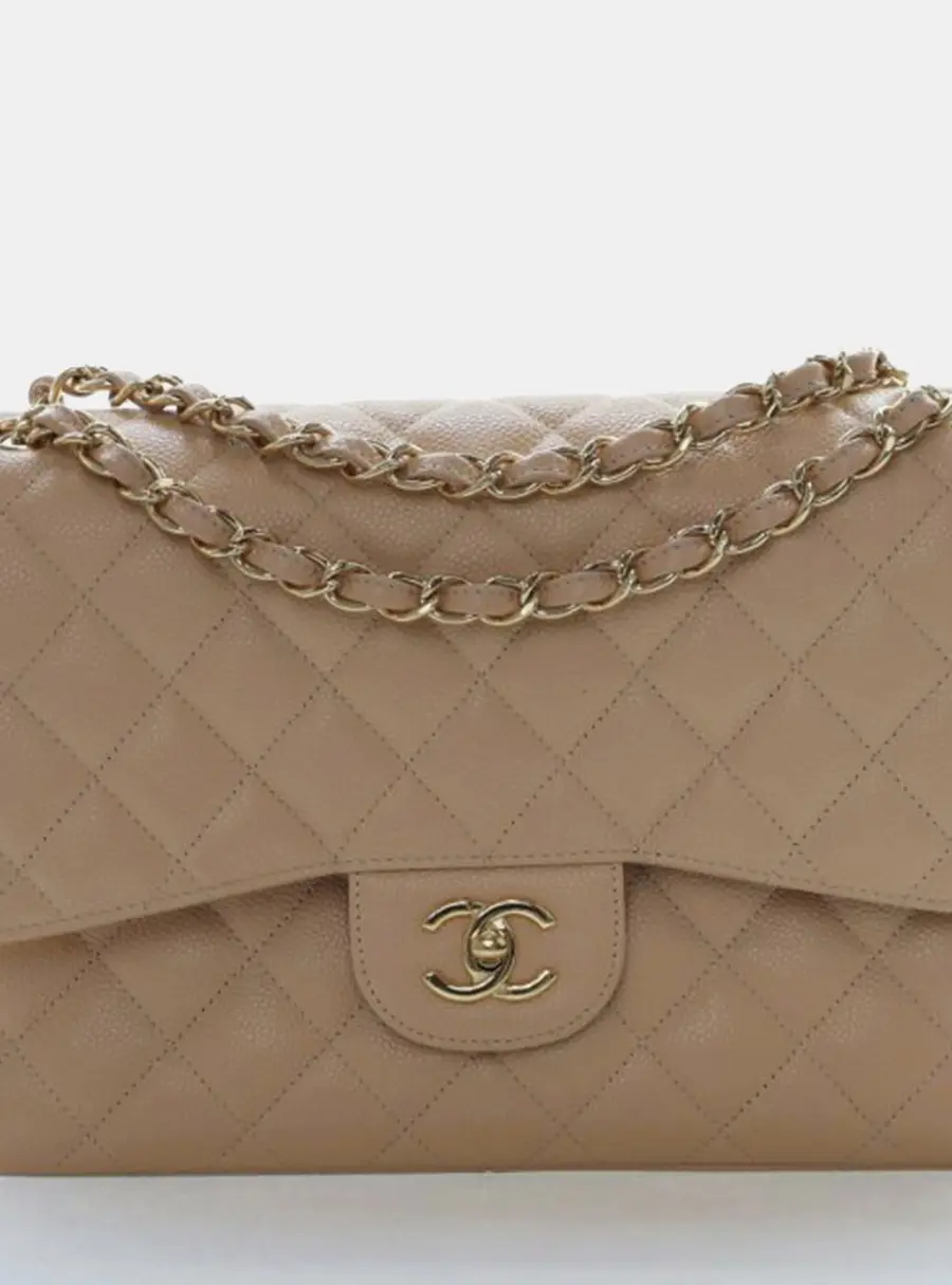 Chanel Classic Jumbo Beige Grained Calfskin Leather Shoulder Bag