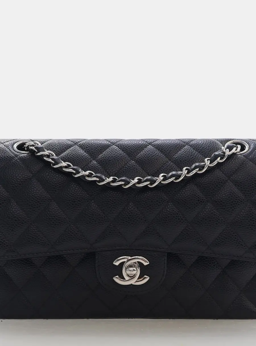 Chanel Classic Medium Double Flap Black Grained Calfskin Leather Shoulder Bag