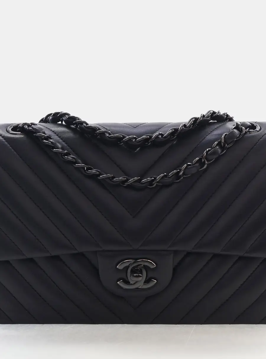 Chanel Chevron Classic Double Flap Medium Black Lambskin Shoulder Bag
