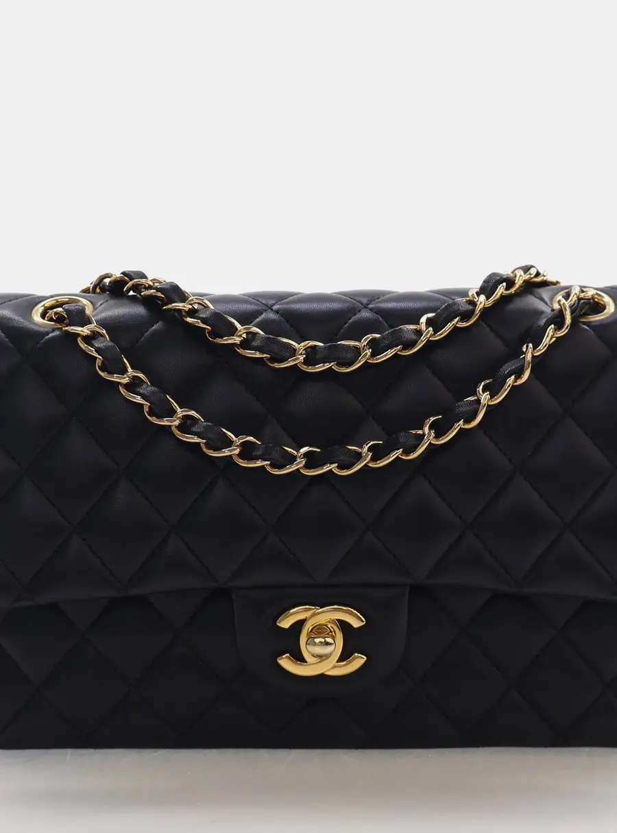 Chanel Classic Double Flap Medium Black Lambskin Leather Shoulder Bag