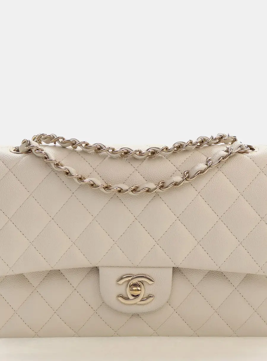 Chanel Classic Medium White Caviar Quilted Leather Double Flap Bag