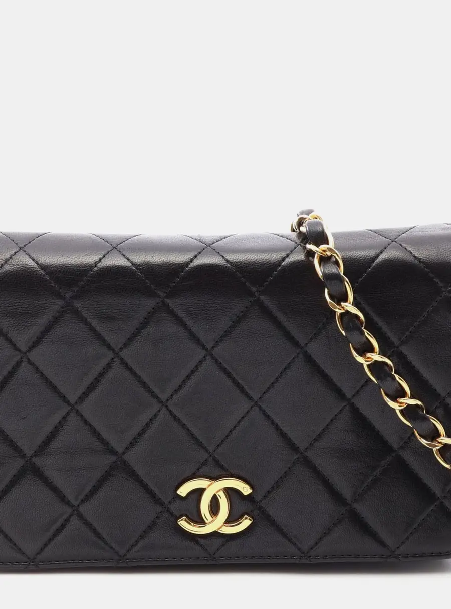 Chanel Full Flap Vintage Small Black Lambskin Leather Chain Shoulder Bag