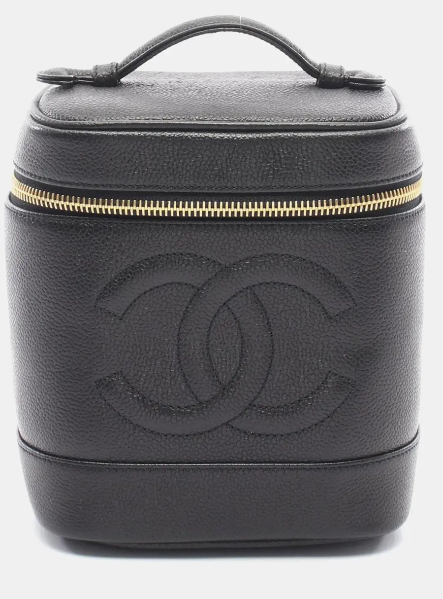 Chanel Vintage CC Black Leather Vanity Top Handle Bag