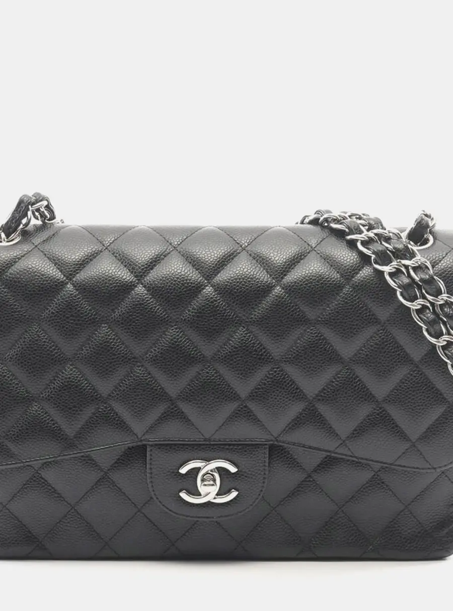 Chanel Classic Double Flap Jumbo Black Grained Calfskin Leather Shoulder Bag