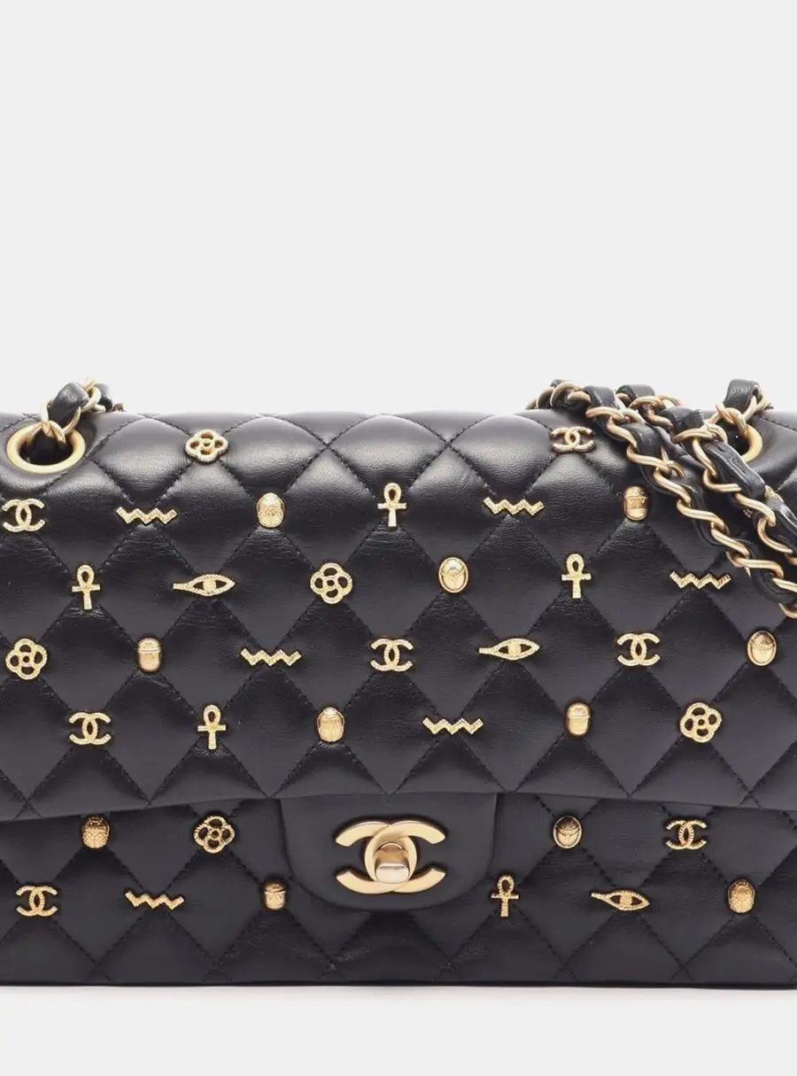 Chanel Egypt Amulet Charm Medium Black Lambskin Leather Double Flap Shoulder Bag